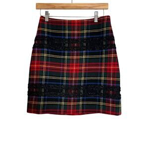 J Crew Lurex Stewart Plaid Mini Skirt Size 2 Red Black Green K2126 Tartan